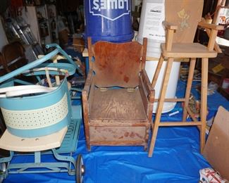child stroller, chairs, doll high chair