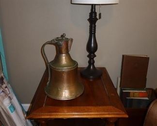 Hard Rock Maple End Table - Large Copper Antique Pitcher - Table Lamp