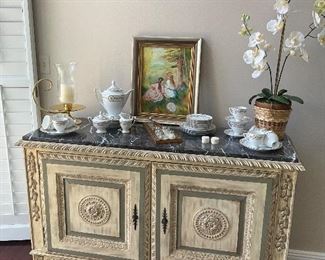 Marble top, cabinet.  Faux Orchid, Bavarian dessert set, 