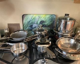 Pots, pans, Cuisinart, Fisher stock pot, All Clad Egg Pan