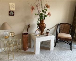 Brass and glass, wicker chair, modern table, brass  umbrella stand 