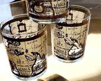 Mid Century, Vintage, Cera, "Old World Map" , Rocks glasses, set of 6, 22K gold