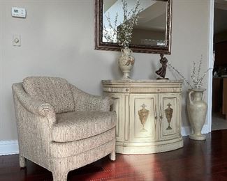 Woodmark, Upholstered Chair. Demi Lune side table 