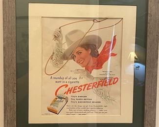 Vintage framed chesterfield cigarette advertisement 