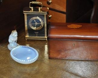 Desk Accessories Available include a Bulova Brass and Black Carriage Dresser Clock, Vintage French Opaline Ring Holder and Cherry Card Holder with Shell Design