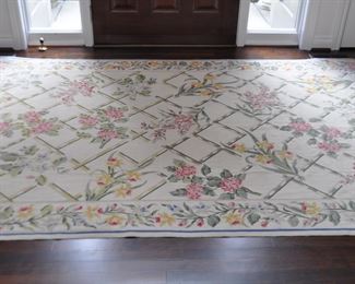 Stark Hand Knotted Needlepoint Rug with Cream Background of Trellis and Pink, Yellow and Blue Floral Design 6' x 9'