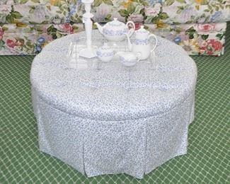 Large, Round and Skirted Ottoman, Tufted by Hand with Matching Waverly Fabric-Covered Buttons, H18" x D38"