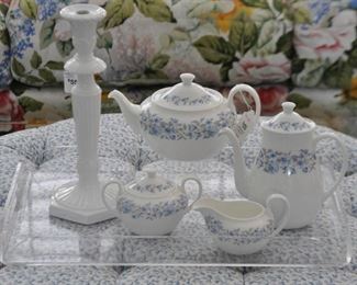 White and Blue 7-Pc. Tea Set by Wedgwood, "Petra" and a White 13" Candlestick, made in Italy