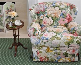 One of a Pair of Cowtan and Tour Custom Upholstered Hand Crafted Arm Chairs by Taylor King Furniture with Rolled Arms and Skirt.  W36" H33" x D39"