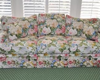 Cowtan and Tout Custom-Upholstered 3-Cushion Hand Crafted Floral Sofa by Taylor King Furniture  (Taylorsville, NC) Skirted with Rolled Arms and 2 Accent Pillows. W104" x H33" x D36"
