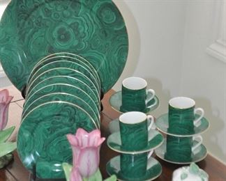 Green Malachite Dessert Set Shown with Two Fabulous Pink Porcelain Tulip Vases by Stately Homes, Sir Humphrey Wakefield Mottahedeh