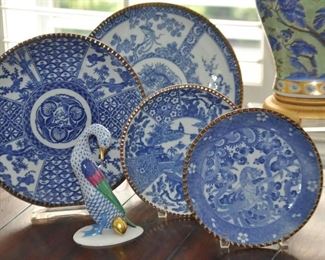 Fabulous Antique Blue and White Japanese Porcelain Plates with Brown Ruffle Border and a Rare Large 7” Herend Blue Fishnet Goose with a Golden Egg Figurine 