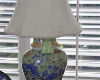 Stunning Royal Blue and Green Asian Style Cloisonné 29" Lamp with Crackle Gold Base and White Silk Shade