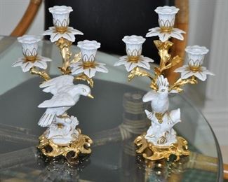 Exquisite Pair of 3-Arm 10.5" Italian Porcelain White and Gold Candelabras