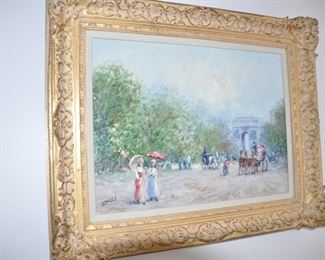 Carved Frame and Matted  Oil on Canvas "Champs Elysees", 32" x 26", signed "Belli"