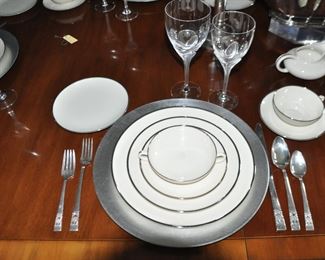 Mid-Century Franciscan Fine China, "Platinum Band", made in California, Rare 7 Piece Place Setting.  Service for 12 Includes 3 Vegetable Bowls, a 12" Platter and Sugar and Creamer.  (3 Dinner Plates, as is)