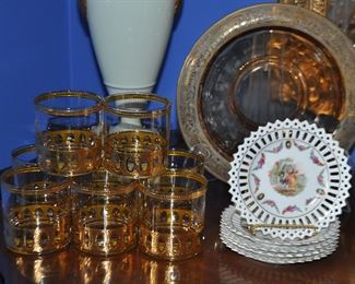Mid-Century Set of 8 Culver Double Old Fashion Glasses (SOLD), Shown with a set of 6 Vintage Reticulated Porcelain 5.5" Dessert Plates and an Amber and Gold Overlay Serving Bowl.