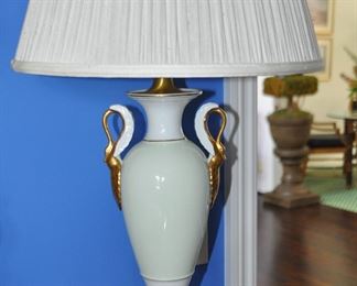 One of a Pair of Fredrick Cooper 29" Celadon, White and Gold Porcelain Lamps with Swan Handles.  Sold as a Pair.