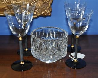 Set of 4 Sasaki Crystal Wine Glasses Shown with  a Vintage Waterford Lismore Wine Bottle Coaster