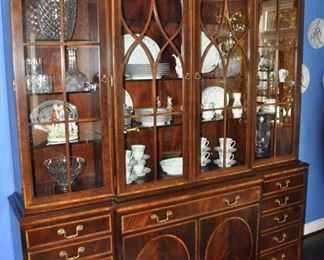 Beautiful Henredon China Cabinet, 4-Door Cabinet with Adjustable Glass Shelves.  There are 5-Drawers on each side of the Bottom Cabinet and 2 Doors that open to Shelves for Storage.  W76" x H86" x D17"