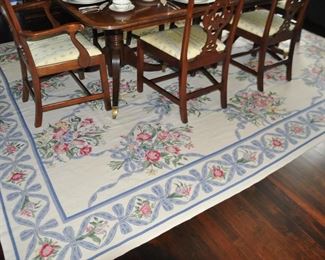Stunning Stark Hand Knotted Needlepoint Area Rug with Cream Background and Blue, Pink, Green and Yellow Floral Design.  8'6" x 11'8"