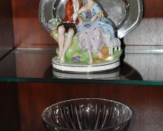 Ceska Cut Crystal Serving Bowl Shown with a Vintage Porcelain "Courting Couple" Made in Germany 