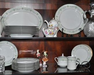Service for 8 Noritake "Spring Meadow" 5  Setting with 4 Serving Pieces Shown with a Waterford Jam Jar, a Belleek Vase, a Dresden Sugar and Creamer and Royal Doulton 6" Figurines, "Pearly Girl" and "Pearly Boy"