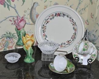 Wedgwood 13" Charger Plate Shown with a Pair of 7" Painted Porcelain Tulip Candlesticks Made in Italy,   Herend Bowls and a Pair of English Bone China Cups and Saucers