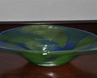 Vintage Green and Blue Swirl Art Glass Centerpiece Bowl, W17" x H5" x D9"        