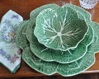 Up Close View of one of the Three Piece Place Settings by Bordallo Pinheiro, made in Portugal. Two Sets of Service for 6 are Available.  Additionally, there are 12 Dinner Plates and 4 Bowls sold separately.