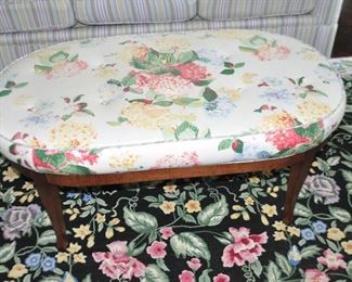 Miles Talbott Custom Upholstered Oval Ottoman on a Wooden Base with Tufted Floral Pattern.  W44" x H19" x D25"