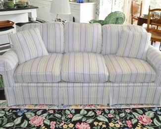 Custom Upholstered Miles Talbott, High Point NC, Skirted Sofa with Rolled Arms and Cording, Including 2 Accent Pillows.  W85" x H34" x D36"