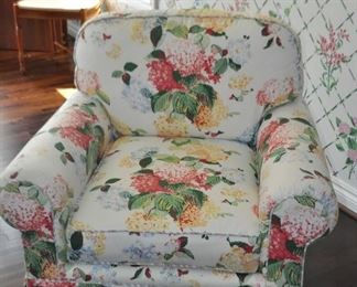 Miles Talbott Custom Upholstered Lounge  Chair with Rolled Arms, Skirted with Cording. Floral Pattern on a Cream Background.  W38" x H35" x D36"