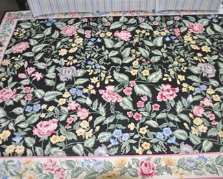 Stark Needlepoint Area Rug with Cream Border and Red, Pink, Yellow and Blue Flowers on Black Background 6' x 8'9"