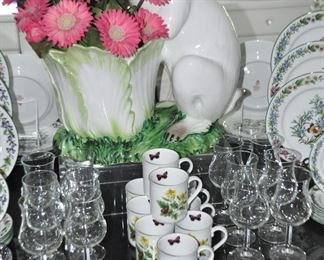 Center Island Displays a Fabulous Ceramic Bunny Planter as well as Great Glass Stemware, and the Royal Worcester "Herb" Mugs. All Sold Separately 
