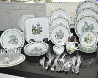 More of the Royal Worcester "Herbs" Collection Included in the 3 Piece place Setting for 12 as well as a Set of 8 Rimmed Soup Bowls, a Square Serving Platter and a Cream and Sugar(all Sold Separately). Also shown is a Vintage Imperial Stainless, Japan Flatware Set  Including a Five Piece Place Setting for 8 