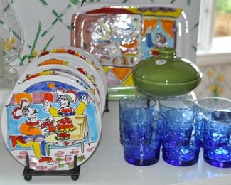 A Set of 8 LaMusa Salad Plates (SOLD) Shown with a Set of 6  Vintage Libbey Blue Juice Glasses