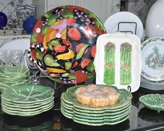 A Beautiful Droll Designs Large Round Serving Platter and a Droll Designs Tea Pot, a Vintage Shafford  Asparagus Platter and another 3 Piece Place Setting for 6 of the Bordallo Pinheiro Cabbage Dinnerware, Made in Portugal