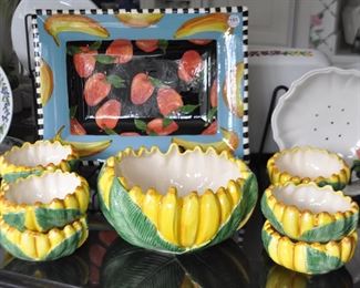 Wonderful Droll Designs Large Rimmed Serving Platter, (18.5" x 13") and a Pottery Barn Nine Piece Ceramic Set "Bananas" Including a Large Bowl with 8 Small Bowls.