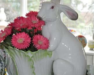 Close-up of the Spectacular 23" Ceramic Bunny Planter, Made in Italy