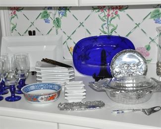 12 Piece White Sushi Dinnerware Set from Pier 1,  Shown with Arthur Court Serving Pieces and a Vintage Tiffany & Co. Asian Style Porcelain Floral Bowl