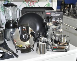 Small Appliances by La Pavoni, a Waring Commercial Drinks Maker, a Oster, Waffle Maker, a Williams Sonoma Roaster and a  Pampered Chef  Wok