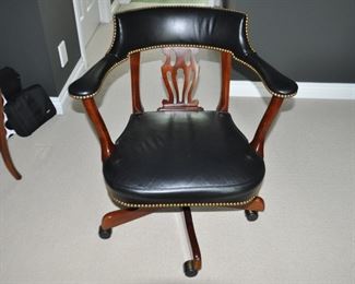 Century Chair Company, Hickory, NC,  Black Leather Mahogany Swivel Desk Chair with Nail-head Design W29" x H32" x D36"