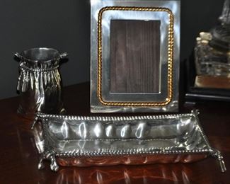 Rare Valenti Footed Silver Desk Tray and Pencil Holder, Made in Italy, Shown with  Several Silver Picture Frames 