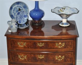 Henredon Aston Court 3-Drawer Banded Flame Mahogany  Chest/Night Stand.  W28" x H21" x D18.5" (Two Pairs  Available) Shown with an 18" Cobalt Blue Crackle Table Lamp on a Wood Base.  
