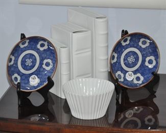 More Antique Japanese  Blue/White Plates, Shown with a set of  White Bisque "Book" Vases and a White Bowl.