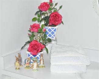 Blue and White Cache Pots and a Selection of Royal Doulton and Royal Albert Bunnykins.