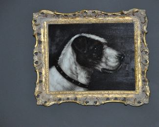 Unsigned 19th C. Original Oil on Wood, English Terrier, in Philadelphia Chippendale Gilt Frame, 12" x  9.5"
