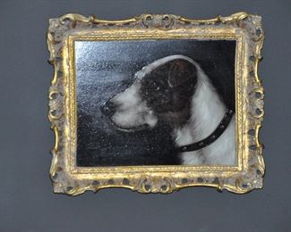 Another Unsigned 19th C. Original Oil on Wood, English Terrier in a Philadelphia Chippendale Gilt Frame 12" x 9.5"