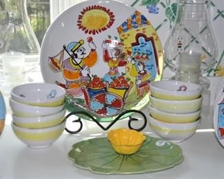 Up Close View of the Large LaMusa Round Serving Platter Shown with a Hand Crafted Mustardseed and Moonshine Two Piece Chip and Dip Platter, Made in South Africa